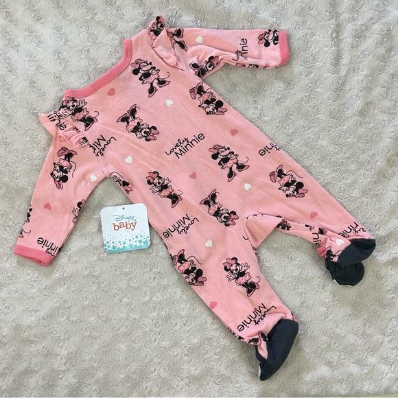 Disney Baby Minnie Mouse Footed Sleeper Okie Dokie Red White Romper XO Print - Picture 4 of 6